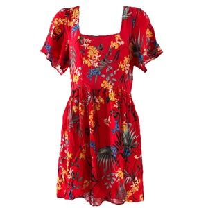 Band of Gypsies Tropical Floral Mini Dress Small Red Smocked Flutter Sleeves